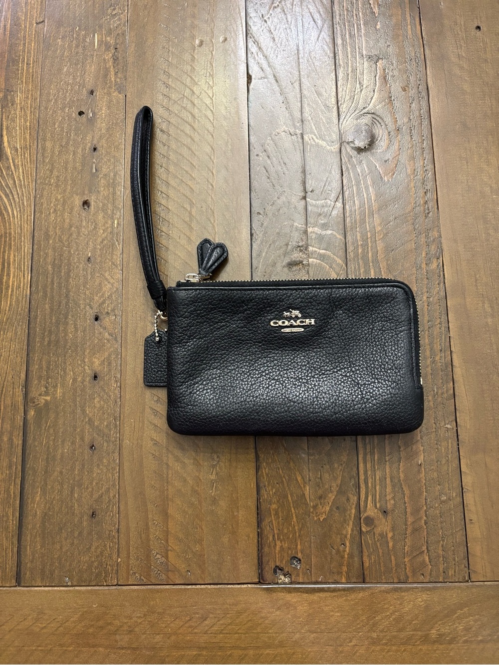 Coach Black Pebbled Leather Double Zip Wristlet